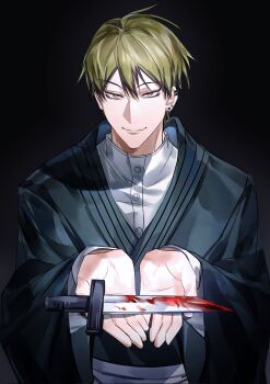 1boy black_background blood closed_mouth dagger ear_piercing earrings green_eyes green_hair highres holding holding_dagger holding_knife holding_weapon japanese_clothes jewelry jujutsu_kaisen knife looking_at_viewer male_focus piercing simple_background solo upper_body weapon xingkon818 zen&#039;in_naoya