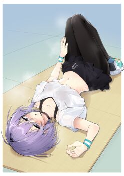 Rule 34 | 1girl, a.i. voice, absurdres, black bra, black choker, black pantyhose, black shorts, blue socks, blush, bra, breasts, choker, collarbone, commentary request, cropped shirt, drawstring, full body, hair between eyes, hand on own thigh, hand up, highres, knees up, looking at viewer, lower teeth only, lying, mat, midriff, nail polish, navel, on back, pantyhose, parted lips, purple eyes, purple hair, see-through clothes, see-through shirt, shirt, shoes, short hair, short shorts, short sleeves, shorts, sidelocks, small breasts, socks, solo, steaming body, striped wristband, sweat, teeth, tile floor, tiles, translucent, underwear, voiceroid, white shirt, white shoes, wristband, yuzuki yukari, yuzuki yukari (shizuku), zooanime
