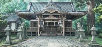 architecture bamboo day east_asian_architecture game_cg hakurei_shrine komainu lantern no_humans non-web_source official_art outdoors paper_lantern rope scenery shide shimenawa shrine stone_lantern tile_roof touhou touhou_gensou_eclipse tree