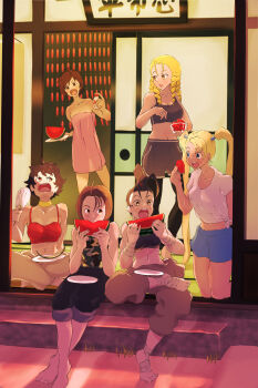 antenna_hair bandaged_arm bandaged_leg bandages barefoot bathhouse blonde_hair bottle bra camouflage drill_hair drill_sidelocks eating food fruit hand_fan ibuki_(street_fighter) japanese_house kanzuki_karin kasugano_sakura kazama_akira leggings_under_shorts makoto_(street_fighter) midriff milk_bottle neck_ribbon plate ponytail rainbow_mika red_bra ribbon shirt short_hair sidelocks sitting sitting_on_stairs sports_bra stairs street_fighter towel towel_around_waist towel_over_breasts twintails underwear watermelon white_shirt