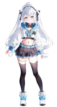 1girl absurdres ahoge belt black_shirt black_skirt black_thighhighs blue_bow bow bowtie braid breasts closed_mouth commentary_request crop_top crop_top_overhang full_body grey_eyes hair_ornament hair_ribbon hairclip hat hazuki_yuzuru highleg highres hood hood_down hooded_shirt long_hair long_sleeves looking_at_viewer medium_breasts midriff miniskirt navel original panty_straps pleated_skirt ribbon shirt shoes skindentation skirt smile solo standing star-shaped_pupils star_(symbol) stomach symbol-shaped_pupils thigh_strap thighhighs twintails undershirt very_long_hair white_hair white_hat white_shirt white_shoes wing_collar x_hair_ornament zettai_ryouiki