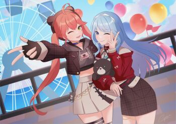 2girls ahoge balloon blue_eyes blue_hair choker cyan_2344 ferris_wheel fingerless_gloves gloves green_eyes highres hololive hoshimachi_suisei hoshimachi_suisei_(micomet) jacket long_hair looking_at_viewer multiple_girls official_alternate_costume one_eye_closed pink_hair plaid_clothes plaid_skirt sakura_miko sakura_miko_(micomet) skirt star_(symbol) star_in_eye symbol_in_eye twintails virtual_youtuber