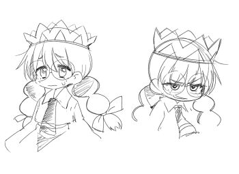 Rule 34 | 1girl, bow, braid, crown, evil smile, freckles, hair bow, kasukeomote, kirby (series), kirby 64, long hair, low twin braids, multiple views, nintendo, ripple star queen, simple background, sketch, smile, sweatdrop, twin braids, white background