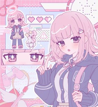1girl :o ascii_art_commentary blunt_bangs blush chibi chibi_inset controller danganronpa_(series) danganronpa_2:_goodbye_despair error_message game_controller hair_ornament highres jacket long_sleeves looking_at_viewer medium_hair monomi_(danganronpa) multiple_views nanami_chiaki open_clothes open_jacket open_mouth outline pink_eyes pink_hair pote_(pote_39) skirt sleeves_past_wrists translation_request white_outline