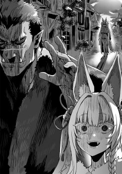 1boy 1girl animal_ear_fluff animal_ears asanagi bash_(orc_eiyuu_monogatari) bell braid braided_sidelock city closed_eyes fangs fox_ears fox_girl fox_tail greyscale hair_bell hair_ornament highres long_hair monochrome non-web_source novel_illustration official_art open_mouth orc orc_eiyuu_monogatari outdoors pointy_ears scar scar_across_eye scar_on_face scar_on_nose shaded_face silviana_(orc_eiyuu_monogatari) tail tusks very_long_hair walking_away waving