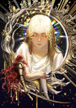 1boy 1girl armor blonde_hair braid brother_and_sister closed_eyes clothed_male_nude_female colored_eyelashes elden_ring glowing_leaves gold_armor golden_sword halo highres holding holding_sword holding_weapon in_tree katana long_hair malenia_blade_of_miquella miquella_(elden_ring) multicolored_halo multiple_braids multiple_scars no_eyes no_nipples nude prosthesis prosthetic_arm prosthetic_leg rainbow_halo red_hair robe scar scar_on_breasts scar_on_face scar_on_hip scar_on_leg siblings sitting sitting_in_tree sunburst sword tree tumitumico twins very_long_hair weapon white_robe yellow_leaves yellow_liquid