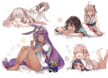 &gt;:) 5girls ;( ;) ? ^_^ ahoge alternate_costume animal_ears bare_arms bare_legs bare_shoulders barefoot beamed_eighth_notes bed_sheet black_hair blanket blonde_hair blue_eyes blue_hair blue_panties blush closed_eyes closed_mouth cu_chulainn_(fate) cu_chulainn_alter_(fate/grand_order) dark-skinned_female dark_skin disembodied_hand dress drooling drowsy eighth_note facial_mark fang fang_out fate/grand_order fate_(series) frown gradient_hair grey_hair hairband hand_on_own_leg hands_on_own_cheeks hands_on_own_face highres holding japanese_clothes kimono knees_up legs_up long_hair long_sleeves low-tied_long_hair lying marie_antoinette_(fate) medb_(fate) mini_cu-chan_(fate) multicolored_hair multiple_girls musical_note nitocris_(fate) no_headwear oda_nobunaga_(fate) oda_nobunaga_(koha-ace) off-shoulder off-shoulder_dress off-shoulder_sweater off_shoulder okita_souji_(fate) okita_souji_(koha-ace) on_stomach one_eye_closed open_mouth panties pink_hair purple_eyes purple_hair red_eyes shirt short_sleeves sidelocks simple_background sitting sleeping sleepy sleeveless sleeveless_kimono smile smug speech_bubble spoken_question_mark spoken_zzz striped_clothes striped_panties sweater sweater_dress translation_request twintails two-tone_hairband under_covers underwear very_long_hair waking_up waltz_(tram) wavy_mouth white_background white_dress white_hairband white_kimono white_shirt white_sweater wiping_face yawning zzz