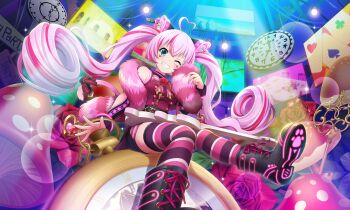 1girl ;d ahoge animal_ear_fluff animal_ear_piercing animal_ears ankle_boots aqua_eyes artist_request bare_shoulders black_boots black_skirt boots bow bowtie cat_ears cat_girl cat_tail clock curly_hair facial_mark feather_boa flower foot_out_of_frame from_below grin heart heart_ahoge heart_facial_mark jewelry key knees_together_feet_apart lace-up_boots lens_flare long_hair looking_at_viewer multicolored_hair official_art one_eye_closed open_mouth oversized_object paw_print_soles pendant pink_bow pink_bowtie pink_flower pink_hair pink_rose pink_shirt pink_thighhighs rose rosia_(show_by_rock!!) screen shirt show_by_rock!! sitting skirt sleeveless sleeveless_shirt smile solo sparkle stage stage_lights streaked_hair striped_clothes striped_thighhighs tail thighhighs third-party_source twintails two-tone_hair