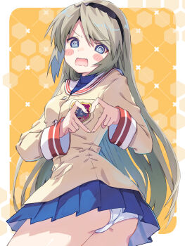 Rule 34 | 1girl, @ @, akayama yukihe, blue eyes, blush, breasts, clannad, grey hair, hairband, heart, heart hands, highres, long hair, miniskirt, panties, sakagami tomoyo, school uniform, skirt, small breasts, solo, underwear, upskirt, very long hair, white panties