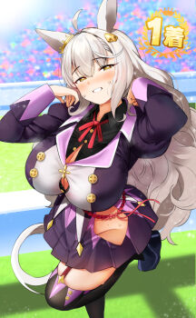 Rule 34 | 1girl, ahoge, animal ears, biwa hayahide (pf. winning equation...) (umamusume), biwa hayahide (umamusume), black thighhighs, blush, breasts, cleavage, clothing cutout, commentary request, day, garter straps, hair between eyes, hair ornament, highres, hip vent, horse ears, horse girl, horse tail, huge breasts, leg up, long hair, long sleeves, meettheton, mole, mole on stomach, neck ribbon, no eyewear, no panties, nose blush, outdoors, pleated skirt, red ribbon, ribbon, skirt, smile, solo, steaming body, sweat, tail, thighhighs, thighs, umamusume, white hair, yellow eyes