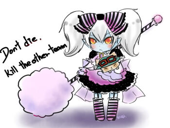 1girl blue_skin blush bow colored_skin english_text garter_straps gothic_lolita hair_bow league_of_legends lolita_fashion long_hair neko_baby pointy_ears poppy_(league_of_legends) socks striped_clothes striped_socks striped_thighhighs teemo thighhighs twintails weapon white_hair yellow_eyes yordle