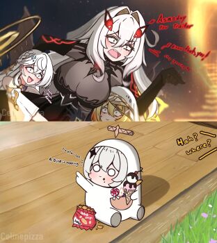 Rule 34 | absurdres, celinepizza, chips (food), cosplay, crewmate (among us), crewmate (among us) (cosplay), food, genshin impact, halo, highres, ice cream, istaroth (genshin impact), naberius (genshin impact), paimon (genshin impact), popsicle, ronova (genshin impact), sweatdrop, veil, white hair