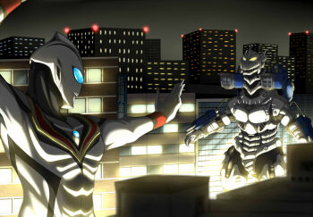 Rule 34 | 1boy, alien, ammunition backpack, armor, back unit, black skin, blue eyes, breastplate, building, cannon, city, city lights, claws, color timer, colored skin, commentary request, commission, crossover, cyborg, evil tiga, fighting stance, giant, giant monster, glowing, glowing eyes, godzilla (series), godzilla against mechagodzilla, jetpack, kaijin, kaiju, kiryu (godzilla), mafuyu tora, magnetic weapon, mecha, mechagodzilla, missile launcher, missile pod, multicolored skin, muscular, muscular male, night, non-humanoid robot, open mouth, outdoors, railgun, red skin, robot, rocket launcher, rocket pod, science fiction, seijin, sharp teeth, shoulder cannon, silver skin, skeb commission, teeth, toho, tokusatsu, tsuburaya productions, type-0 railgun, ultra series, ultraman tiga (series), weapon, wrist cannon, wrist gun, yellow eyes