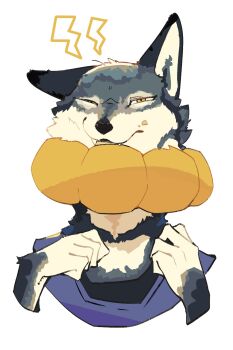 1boy animal_nose bad_tag blue_fur blue_shirt body_fur commentary_request dog dog_boy furry furry_male highres lightning_bolt_symbol male_focus multicolored_fur one_eye_closed original portrait shirt simple_background solo tanitani0606 white_background yellow_collar yellow_eyes yellow_fur