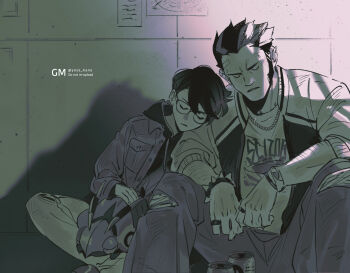 2boys aged_down arm_hair bandaid bandaid_on_face bandaid_on_forehead bracelet can chain chain_necklace closed_eyes corbeau_(pokemon) denim gen_5_pokemon glasses hair_slicked_back head_on_another&#039;s_shoulder highres hood hood_down hoodie indian_style jacket jeans jewelry long_sideburns long_sleeves male_focus monochrome multiple_boys necklace nintendo on_floor on_lap open_clothes open_jacket pants philippe_(pokemon) pokemon pokemon_(creature) pokemon_legends:_z-a pokemon_on_lap print_shirt ring shirt short_hair sideburns sitting sleeping sleeping_on_person spiked_bracelet spikes sukajan torn_clothes torn_jeans torn_pants venipede yotsuban