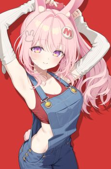 1girl armpits arms_up artist_request breasts choppy_bangs closed_mouth commentary_request cowboy_shot denim_overalls detached_sleeves grey_sleeves hair_intakes hair_ornament highres indie_virtual_youtuber light_blush long_hair long_sleeves looking_at_viewer medium_breasts pink_hair purple_eyes rabbit_hair_ornament red_background red_sports_bra second-party_source shadow side_ponytail sidelocks simple_background sleeves_past_wrists smile solo sports_bra standing tomomo_mimiko virtual_youtuber