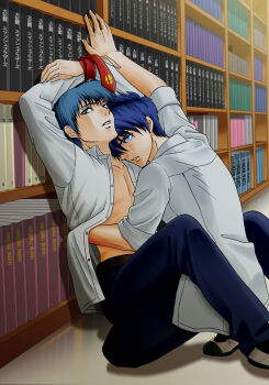 Rule 34 | 2boys, alternate costume, blue eyes, blue hair, book, bookshelf, bound, bound wrists, commentary request, contemporary, fire emblem, fire emblem: mystery of the emblem, fire emblem: path of radiance, ike (fire emblem), indoors, library, male focus, marth (fire emblem), multiple boys, necktie, nintendo, open clothes, open shirt, pants, parted lips, red necktie, sayakajou, school uniform, shirt, short hair, super smash bros., super smash bros. logo, unworn necktie, white shirt, yaoi