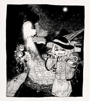 1girl :d border bow buttons closed_eyes collared_shirt diamond_button foliage full_moon greyscale hat hat_bow hatching_(texture) highres house index_finger_raised inuyama_konan komeiji_koishi lamppost long_hair monochrome moon open_mouth pointing road shirt single_sleeve_past_fingers skirt smile solo street third_eye touhou wide_sleeves