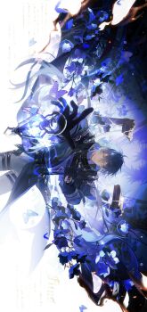 1boy absurdres antenna_hair bags_under_eyes beads black_capelet black_coat black_gloves blue_butterfly blue_fire blue_flower blue_hair broken bug burning burning_paper butterfly capelet character_name chinese_commentary coat collared_shirt commentary_request cowboy_shot embers empty_picture_frame fire flins_(genshin_impact) flower framed_insect gem genshin_impact gloves grey_pants hair_between_eyes hand_on_own_chest high_collar highres insect lantern light_particles long_hair long_sleeves looking_at_viewer luningzi male_focus no_pupils outstretched_arm pants parted_lips picture_frame portrait_(object) purple_butterfly purple_gem purple_shirt reaching reaching_towards_viewer revealing_layer shirt sideways sky solo standing star_(sky) starry_sky straight-on thigh_strap very_long_hair white_background yellow_eyes