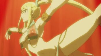1girl alternate_costume alternate_hairstyle animated animated_gif anime_screenshot armlet armpits belly_dancer belly_dancer_outfit blonde_hair bouncing_breasts bra bracelet breasts curvy dancer fairy_tail fairy_tail:_dragon_cry floral_print harem_outfit jewelry large_breasts leg_up loincloth long_hair long_twintails looking_up lots_of_jewelry lucy_heartfilia lucy_heartfilia_(bar_altair_dancer)_(fairy_tail) navel necklace official_alternate_costume official_alternate_hairstyle print_bra sidelocks smile thick_thighs thighlet thighs twintails underwear wide_hips