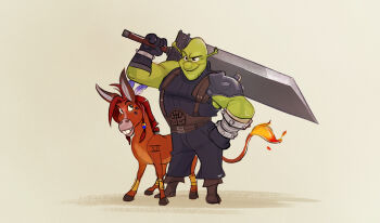 1boy armor bald black_eyes black_gloves black_pants black_sweater boots brown_background brown_footwear cloud_strife cloud_strife_(cosplay) colored_skin cosplay donkey donkey_(shrek) fiery_tail final_fantasy final_fantasy_vii fire fusion gloves green_skin heather_rivers highres holding holding_sword holding_weapon male_focus over_shoulder pants red_xiii ribbed_sweater shadow shoulder_armor shrek shrek_(series) sleeveless sleeveless_sweater smile suspenders sweater sword tail v-shaped_eyebrows weapon weapon_over_shoulder