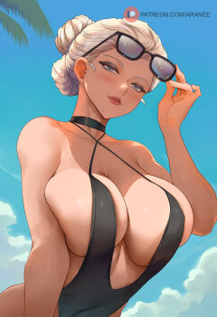 1girl araneesama artist_name bare_shoulders blue_eyes breasts cloud collarbone female_focus hair_bun highres ines_raya_(the_first_descendant) large_breasts lips looking_at_viewer palm_tree patreon_username sky sunglasses_on_head swimsuit the_first_descendant tree upper_body white_hair