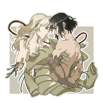 2girls amputee back black_hair blonde_hair blue_eyes commentary_request double_amputee dsprite23 ghost_in_the_shell highres jacket kusanagi_motoko long_hair medium_hair multiple_girls project_2501 subdermal_port yellow_jacket