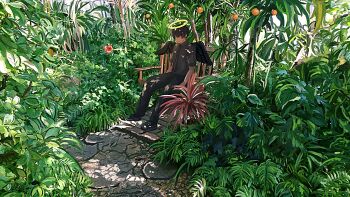 1boy angel_wings banakotakemaru bench black_hair black_necktie black_pants black_shirt black_shoes black_wings collared_shirt dappled_sunlight feathered_wings fern flower food fruit halo hibiscus highres male_focus nature necktie orange_(fruit) orange_tree original outdoors pants path plant road scenery shirt shoes short_hair sitting solo sunlight traditional_halo wings yellow_halo