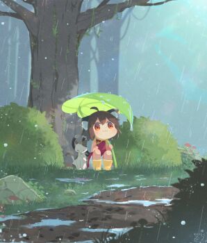 1girl ahoge animal_ear_fluff animal_ears boots brown_hair cat cat_ears cat_girl cat_tail chen commentary_request flower footprints grass highres ibaraki_natou leaf looking_at_viewer mud mushroom orange_hair outdoors plant puddle rain rock rubber_boots short_hair tagme tail touhou tree vines yellow_boots