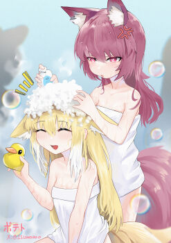 2girls absurdres anger_vein animal_ear_fluff animal_ears arknights blonde_hair chinese_commentary closed_eyes collarbone commentary_request fox_ears fox_girl fox_tail hair_down heart heart-shaped_pupils highres holding_rubber_duck isuwaaaa kitsune kyuubi long_hair multicolored_hair multiple_girls multiple_tails naked_towel notice_lines open_mouth purple_hair rubber_duck same-sex_bathing shamare_(arknights) shared_bathing sitting soap_bubbles suzuran_(arknights) symbol-shaped_pupils tail towel two-tone_hair washing_another washing_hair white_hair yuri