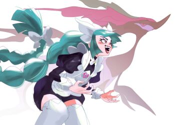 1girl apron black_romper bow braid braided_ponytail colored_sclera dragalge fish gen_6_pokemon green_hair grin hair_bow leafy_seadragon lebanne_(pokemon) long_hair long_sleeves maid maid_apron maid_headdress marnie_(marnielovesyou) nintendo open_mouth pokemon pokemon_(creature) pokemon_legends:_z-a puffy_sleeves red_eyes red_sclera romper seahorse smile teeth thighhighs very_long_hair white_bow white_thighhighs