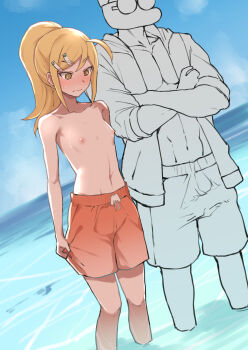 1boy 1girl abs absurdres ahoge bare_pectorals beach blonde_hair blush breasts bulge character_request closed_mouth crossdressing crossdressing_(ftm) crossed_arms day drawstring embarrassed erection erection_under_clothes hair_ornament highres jacket jikkyou_powerful_pro_yakyuu legs looking_down male_swimwear male_swimwear_challenge medium_hair nipples ocean open_clothes open_jacket original outdoors oyama_miyabi pectorals perky_breasts ponytail red_male_swimwear red_swim_trunks sleeves_rolled_up small_breasts standing sweat swim_trunks swimsuit terasu_mc topfreedom topless_female wading water yellow_eyes