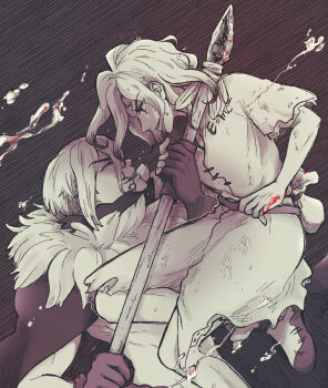 2boys blood cape danbingkelp dr._stone fur_trim gloves highres holding holding_polearm holding_weapon hyoga_(dr._stone) injury ishigami_senkuu long_hair looking_at_another male_focus mask monochrome multiple_boys polearm short_hair smile spear tattoo torn_clothes tunic weapon yaoi