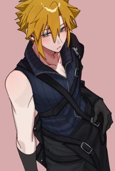 1boy aqua_eyes armor black_cape black_gloves black_pants blonde_hair blue_vest blush cape chest_strap cloud_strife final_fantasy final_fantasy_vii final_fantasy_vii_advent_children gloves hair_between_eyes highres light_frown male_focus pants pauldrons pink_background short_hair shoulder_armor single_bare_shoulder single_pauldron solo spiked_hair suisui_434 vest waist_cape