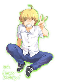Rule 34 | 1boy, ahoge, blonde hair, casual, closed eyes, full body, grin, halftone, halftone background, kanon, kitagawa jun, male focus, misaki juri, short hair, simple background, smile, solo, v, white background