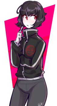 Rule 34 | 1girl, adapted costume, black hair, black jacket, celestia ludenberg, closed mouth, commentary, cosmiccolours, cowboy shot, danganronpa: trigger happy havoc, danganronpa (series), english commentary, eyelashes, grey pants, highres, index finger raised, jacket, long sleeves, official alternate hair length, official alternate hairstyle, pale skin, pants, red eyes, short hair, signature, solo, track jacket, transparent background