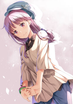 1girl bangle black_shirt blue_pants blush bracelet newsboy_cap closed_mouth collared_shirt commentary_request denim female_focus hat highres interlocked_fingers jeans jewelry long_hair long_sleeves looking_at_viewer meigo_arisa pants polka_dot polka_dot_shirt purple_eyes purple_hair shirt smile solo toaru_majutsu_no_index toaru_majutsu_no_index:_endymion_no_kiseki white_hat white_shirt wide_sleeves yuuri_nayuta
