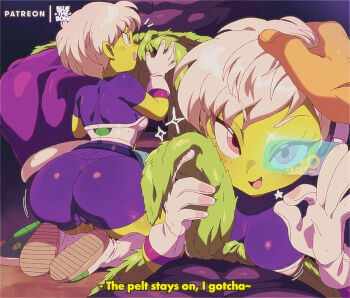 1boy 1girl ass bluethebone bodysuit broly_(dragon_ball_super) cheelai cleft_of_venus colored_skin crotch_rub dragon_ball dragon_ball_super dragon_ball_super_broly english_text gloves green_skin grey_hair hand_on_another's_head highres ok_sign paid_reward_available pelt purple_bodysuit scouter short_hair smile very_short_hair white_gloves