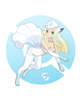 1girl absurdres all_fours alolan_form alolan_vulpix blonde_hair blunt_ends braid breasts choker furry gen_7_pokemon green_eyes highres lillie_(pokemon) long_hair midriff monsterification nintendo orcaleon poke_ball_symbol pokemon pokemon_(anime) pokemon_sm_(anime) small_breasts solo white_choker