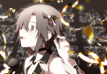 antenna_hair black_hair choker from_side glowstick hair_ribbon highres idol idolmaster idolmaster_(classic) kikuchi_makoto looking_afar microphone music open_mouth parted_bangs penlight_(glowstick) purple_eyes ribbon sidelocks singing smile stage vickyycy99 wrist_cuffs