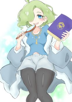 1girl absurdres ahoge aqua_eyes aqua_pupils aqua_shirt blush book breasts ciphermaniac_(pokemon) collarbone commentary_request cowboy_shot eyelashes green_hair grey_pantyhose hair_over_one_eye highres holding holding_book holding_magnifying_glass jacket jewelry key key_necklace long_sleeves magnifying_glass minamoe_ryoku necklace nintendo off_shoulder open_clothes open_jacket open_mouth pantyhose pokemon pokemon_tcg shirt short_hair shorts smile solo violet_book_(pokemon) white_jacket white_shorts