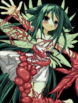 1girl black_background black_eyes convenient_censoring dress flat_chest flesh green_hair guro hair_flaps highres long_hair looking_at_viewer mutation outstretched_arms saya_(saya_no_uta) saya_no_uta solo spread_arms sundress sushi_ayu very_long_hair white_dress wings