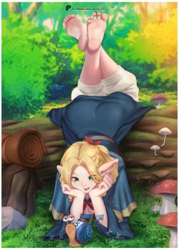 1girl artist_name backpack bag barefoot blonde_hair blue_capelet blue_robe bow braid breasts cacto_art capelet cleavage commentary crossed_ankles dungeon_meshi english_commentary eyelashes feet feet_up foot_focus forehead full_body gold_trim green_eyes hair_bow hair_intakes head_rest highres log long_hair looking_down lying marcille_donato medium_breasts mushroom on_stomach open_mouth outdoors pants parted_lips pointy_ears red_bow robe snail soles sound_effects spread_toes the_pose toes top-down_bottom-up turbo_(movie) unworn_backpack unworn_bag watermark web_address white_pants wide_sleeves