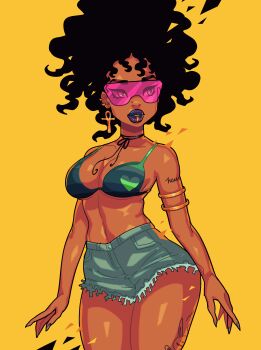 Rule 34 | 1girl, absurdres, ankh earrings, armlet, bikini, black hair, blue lips, breasts, cinnabarbie, cowboy shot, dark-skinned female, dark skin, ear piercing, earrings, green bikini, heart, high-waist shorts, highres, jewelry, large breasts, leg tattoo, navel, original, parted lips, piercing, pink-tinted eyewear, short shorts, shorts, shoulder tattoo, solo, sunglasses, swimsuit, tattoo, thick lips, tinted eyewear