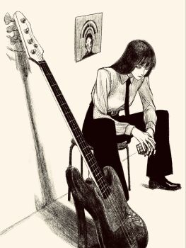 black_hair black_necktie black_pants collared_shirt guitar highres instrument long_hair necktie on_stool original pants poster_(object) shadow shirt stool tp_p_pt white_background white_shirt