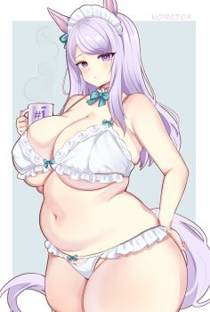 1girl absurdres alternate_body_size animal_ears artist_name bikini blush border breasts closed_mouth cowboy_shot cup frilled_bikini frills grey_background highres holding holding_cup horse_girl huge_breasts long_hair looking_at_viewer maid_headdress mejiro_mcqueen_(umamusume) navel noiretox outside_border pink_eyes plump purple_hair purple_tail solo swimsuit thick_thighs thighs umamusume white_bikini white_border