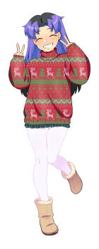 1girl animal_print black_hair blush boots brown_boots christmas christmas_sweater christmas_tree_print closed_eyes double_v fangs fur-trimmed_boots fur_trim green_skirt grin long_hair long_sleeves looking_at_viewer multicolored_hair original oversized_clothes oversized_sweater pantyhose plaid_clothes plaid_skirt print_sweater purple_hair red_sweater reindeer_print sidney_(zeshgolden) skirt sleeves_past_wrists smile standing striped_clothes striped_sweater sweater teeth two-tone_hair v white_background white_pantyhose zeshgolden