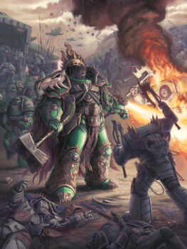 Rule 34 | 6+boys, aircraft, airplane, animal skull ornament, armor, armored boots, army, axe, bald, battle, battle axe, battlefield, black skin, boots, breastplate, burning, cape, chain axe, colored skin, commentary, corpse, dark skin, death, english commentary, fire, flamer, full armor, gauntlets, glowing, glowing eyes, gold trim, gorget, greaves, green armor, hammer, heavy bolter, helm, helmet, highres, holding, holding weapon, jeff porter, multiple boys, pauldrons, power armor, primarch, red eyes, salamanders (warhammer), shoulder armor, shouting, skull, smoke, the draken scale, vulkan, war hammer, warhammer 40k, weapon, world eaters