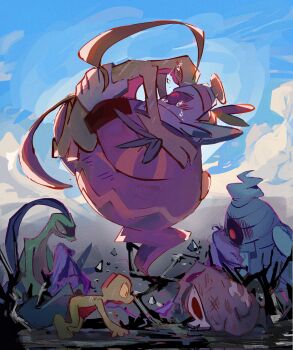 Rule 34 | blue sky, commentary, crying, day, dusclops, dusknoir, duskull, english commentary, gen 3 pokemon, gen 4 pokemon, grovyle, highres, nintendo, no humans, one-eyed, outdoors, pokemon, pokemon (creature), red hair, scribzag24, sky, treecko