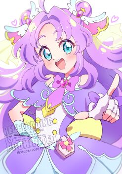 1girl :d absurdres ahoge akechi_anna blue_eyes blush bow brooch capelet commentary commentary_request cowboy_shot cure_answer double_bun dress fingerless_gloves gloves hair_bun hair_flaps hair_intakes hair_ornament hand_on_own_hip heart heart_brooch heart_in_eye highres jewelry layered_dress long_hair looking_at_viewer magical_girl meitantei_precure! mepomipoprepre2 open_mouth pointing pointing_at_viewer pouch precure purple_bow purple_capelet purple_dress purple_hair purple_theme sidelocks simple_background smile solo standing symbol_in_eye twitter_username watermark white_background white_gloves